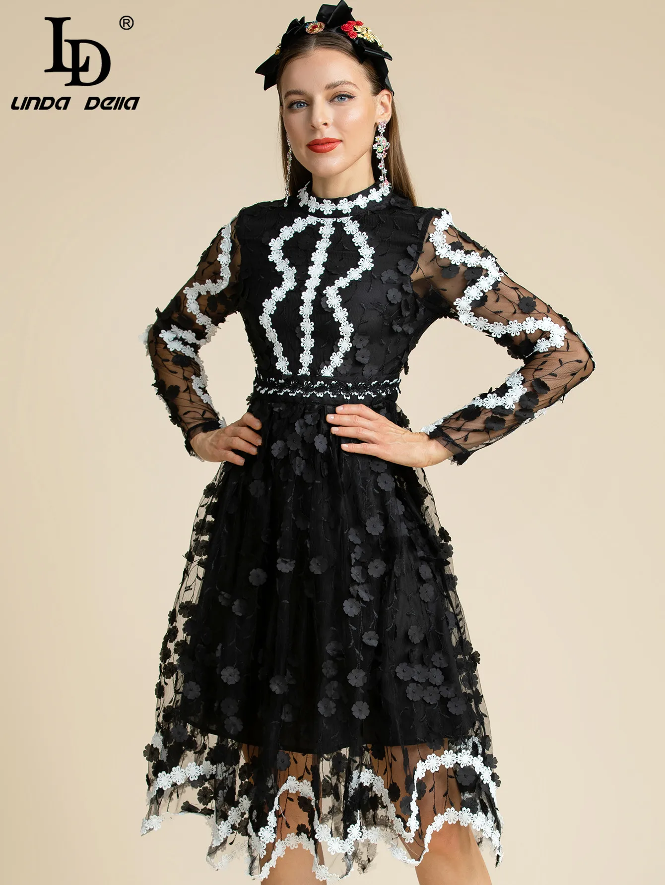 LD LINDA DELLA Summer Runway Balck Midi Dress Women's Long sleeve Black and White Embroidered Applique Mesh Vintage Party Dress