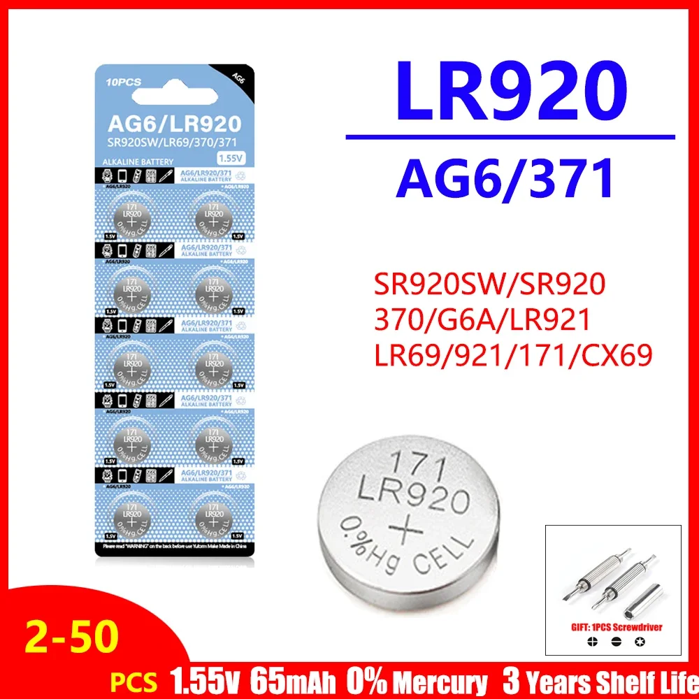 2-50PCS AG6 371 SR920SW LR920 SR927 171 370 L921 LR69 SR920 1.55V Coin Battery For Watch Toys Remote Button Cell Button Battery