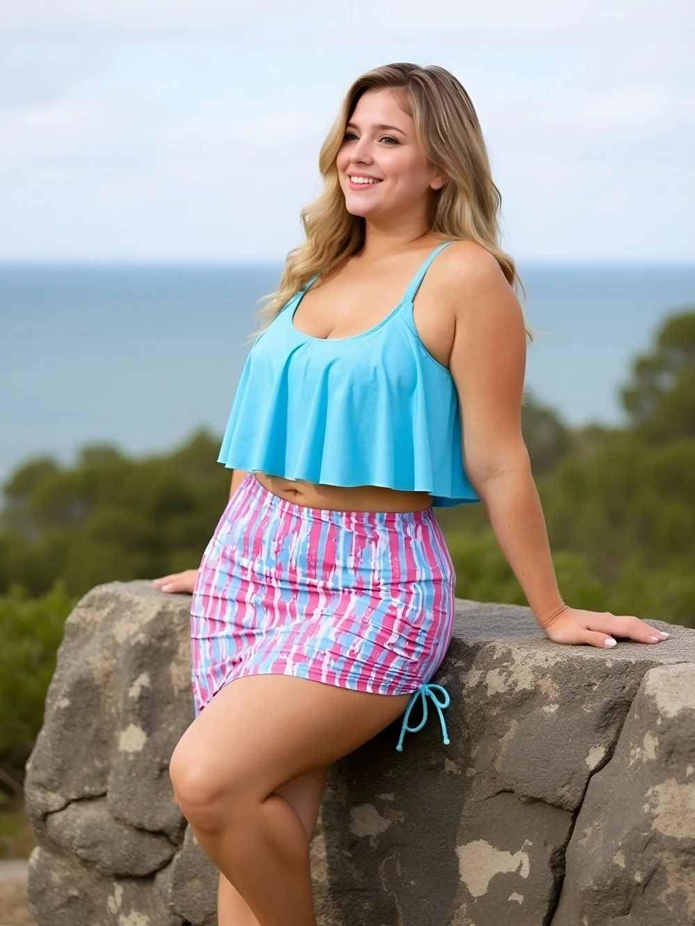 2025 حجم كبير مجموعة البكيني 3 قطعة المرأة الأزرق كشكش بيكيني البطن التحكم عالية الخصر ملابس السباحة مع تنورة التستر بحر