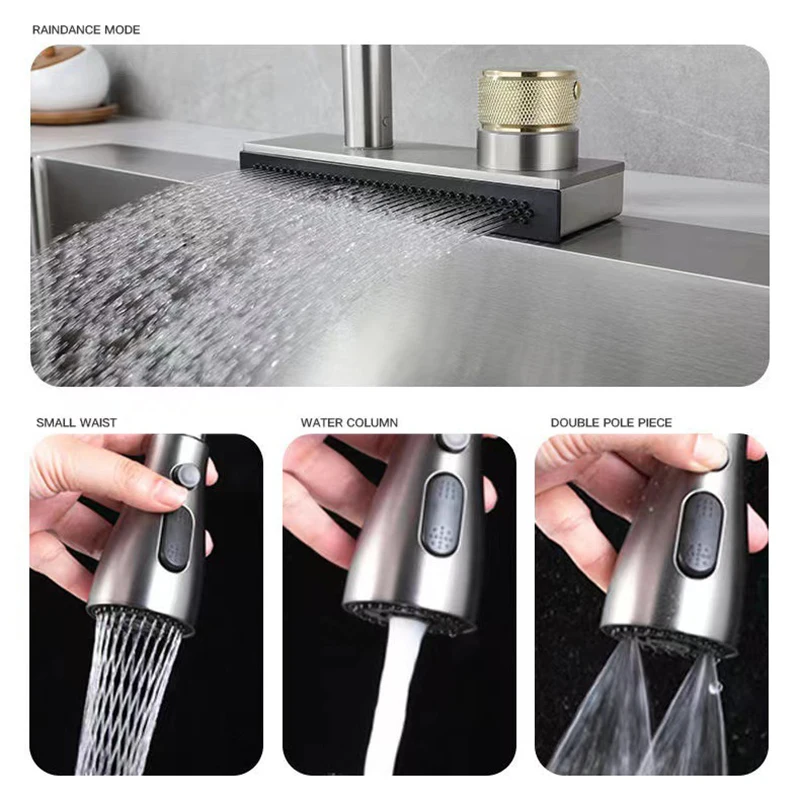 Faucet New 4 Modes Waterfall Grey Sink Kitchen Faucet Hot Cold Pull Out Mixer Sprayer Head Flying Tap Single Hole Deck Mounted