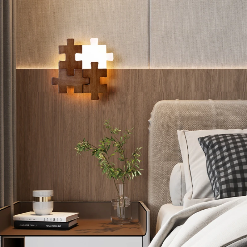 Building Block Wall Lamp Bedroom Bedside Lamp Modern Simple Hallway Corridor Aisle Light Creative Walnut Personality LED Light