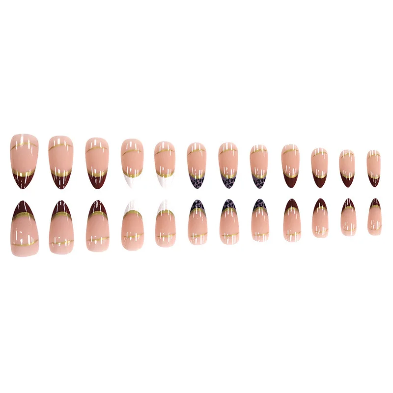 Medium fake nails for women girls Nude almond nail art tips with leopard golden strips design full cover press on false nail view 3