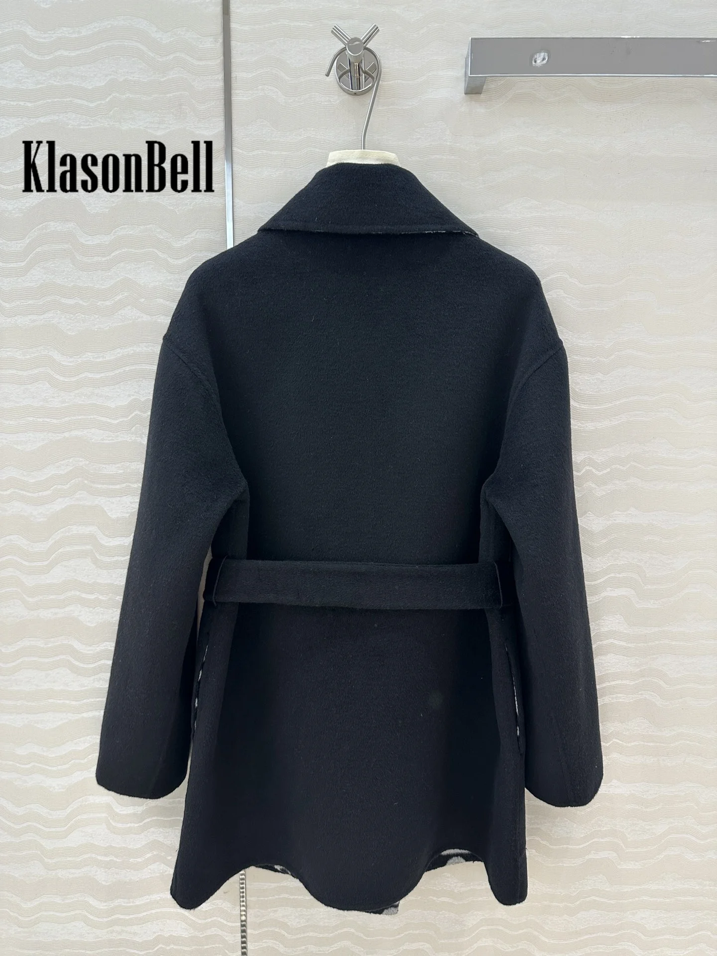 9.23 KlasonBell-Women Elegant Lining Jacquard Double-Sided Cashmere Coat Double Metal Button Sashes Lapel Midi Wool Outerwear