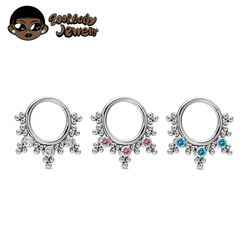 ASTM F136 Titanium Pierced 16G Hinged Nose Rings Hoop Beaded Zirconia Nose Ear Helix Daith Clicker Ring Body Jewelry