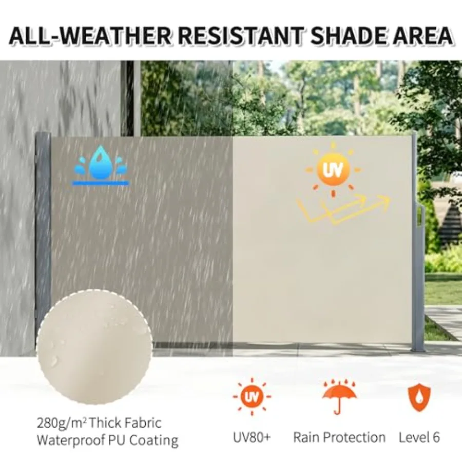 Outdoor Privacy Screen for Patio and Backyard: Beige Retractable Side Awning, Full Aluminum Frame, 280G Polyester, Water UV Res