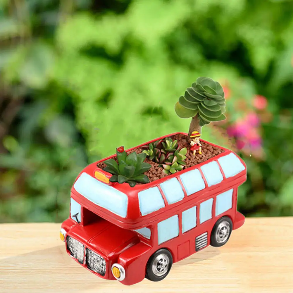 Retro Double- Bus Flowerpot Resin Material Odorless Decorative Planter for Home Office Desktop Succulent Flowers Gardening