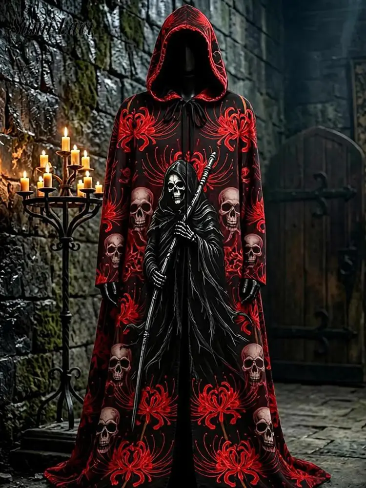2026 Autumn Warm Print Pattern Hooded Cloak Mens Daily Outdoor Loose Outerwear Male Streetwear Vintage Contrast Color Party Robe