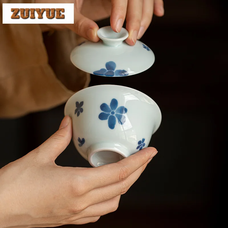 135ml Misty Blue Handmade Cover Bowl Household Hand-painted Flower Gaiwan Retro Anti Scald Tea Tureen Tea Brewing Teaware Crafts