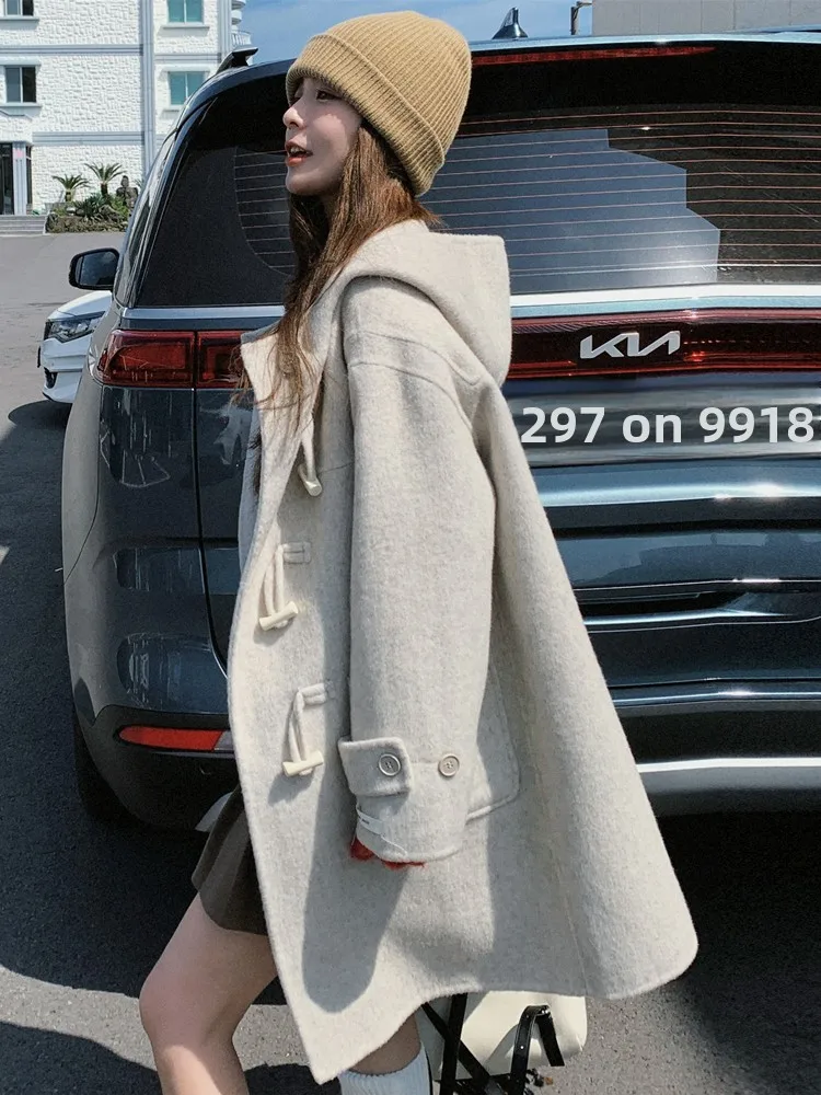 

Korean Style Double-Sided Woolen Coat Long Hooded Mid-Length Button Detail Sheep Fur Outerwear for Women Commute Friendly