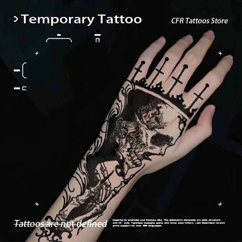 Temporary Tattoos Half Arm Waterproof Dark Gothic King Skull Herbal Juice Tattoo Sticker Fake Tatto for Women Men Cheap Charm