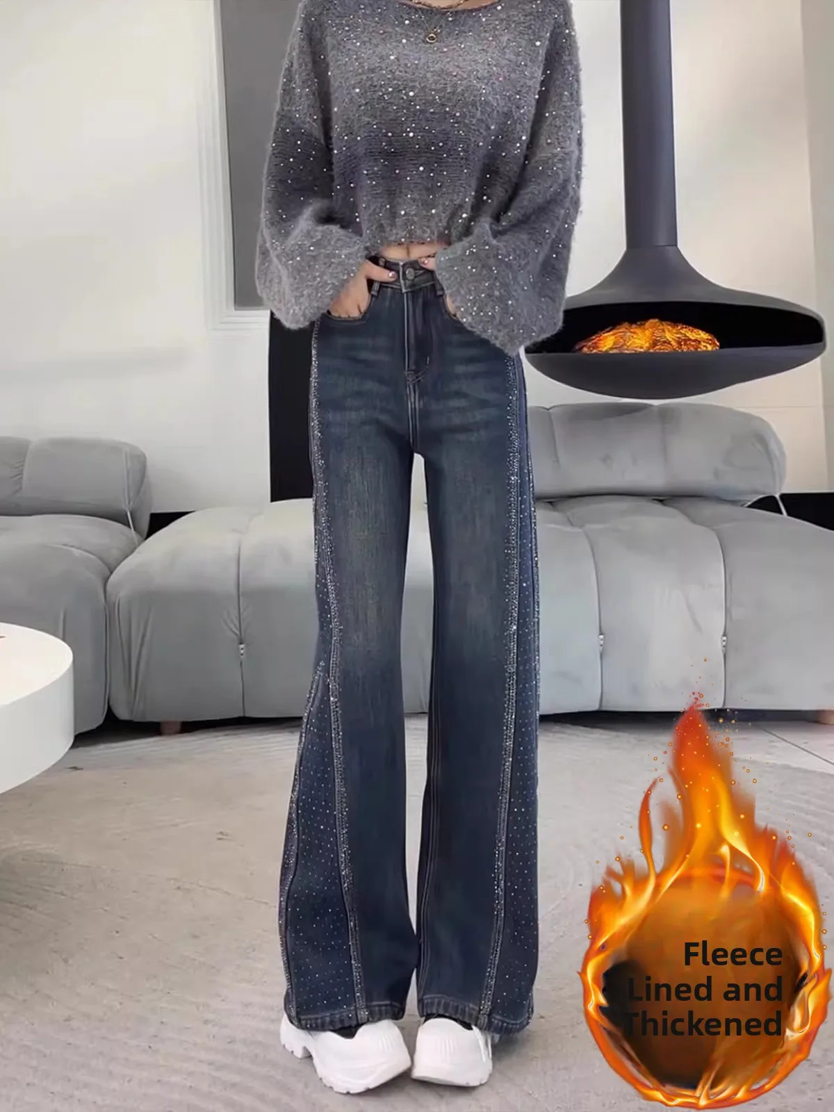 

Themed Rhinestone Wide Leg Jeans Women's Fce Lined Straight Thiened Spring Loose Slimming Pants Casual High Waist