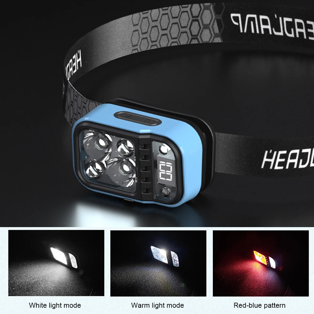 LED Headlamp Headlight Waterproof Type-C Rechargeable Bright Headlamps Digital Power Display Head Light Camping Accessories Gear