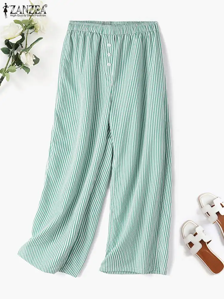 ZANZEA Summer Wide Leg Trousers Women Casual Home Sleep Long Pants Loose Elastic Waist Pants Summer Daily Stripe Sleep Pantalons