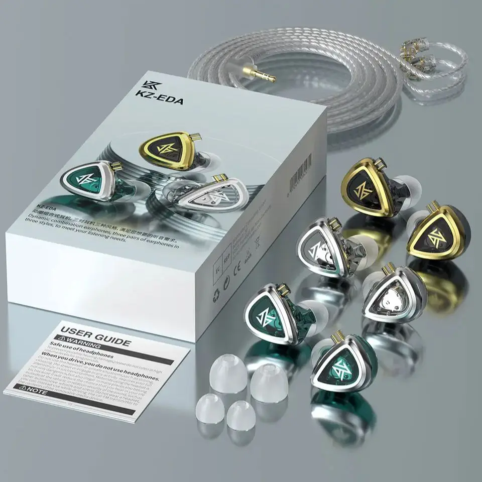 سماعات أذن KZ EDA Dynamic Driver HiFi داخل الأذن باس/متوسط/عالية التردد ثلاثة سماعات سلكية للضبط مع كابل ترقية سماعة رأس IEM