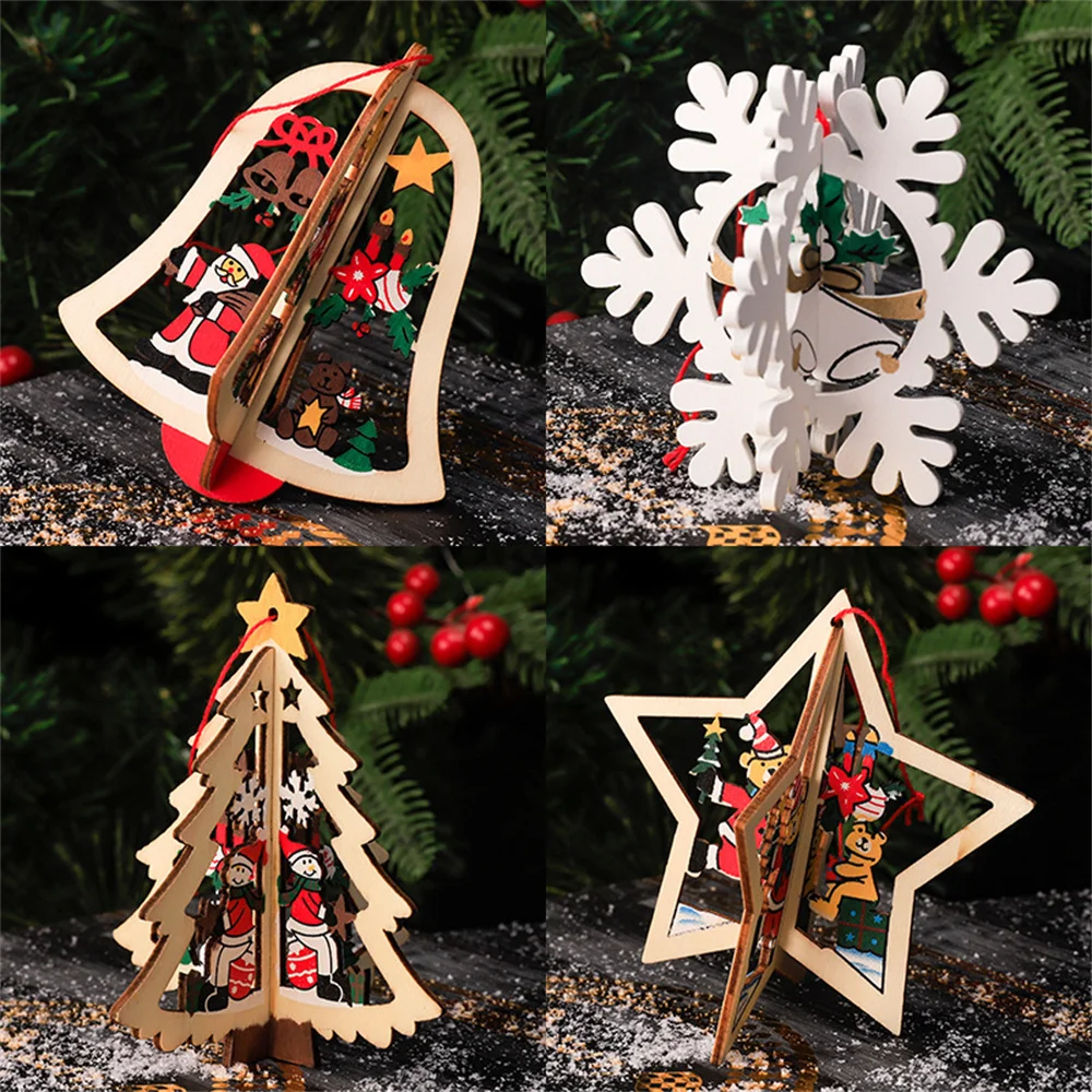 Christmas Santa Gifts Stereo Bells Snowflake Crafts Christmas Tree Wooden Pendants Christmas Creative Painting Carving Craft