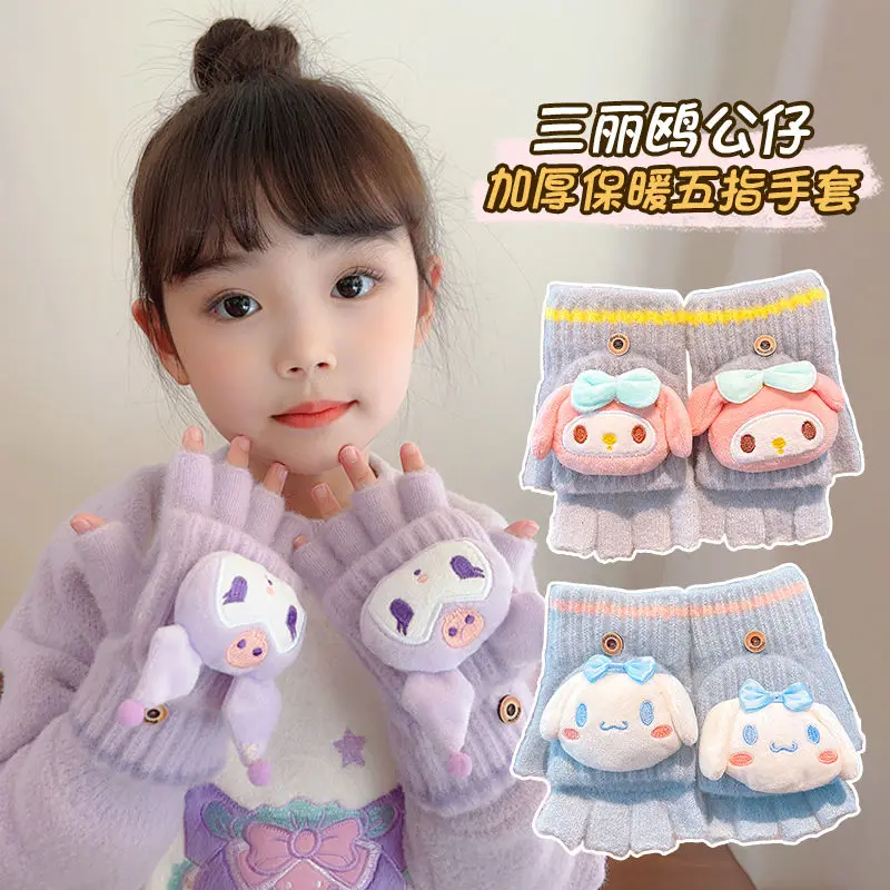 

Kuromi MyMelody5-12 Years Children Gloves Winter Knitted Half Finger Flip Gloves Girls Boys Cute Cartoon Warm Thick Kids Mittens