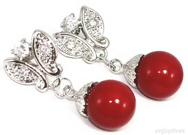 Red Coral Beads White Plated Crystal Butterfly Earrings