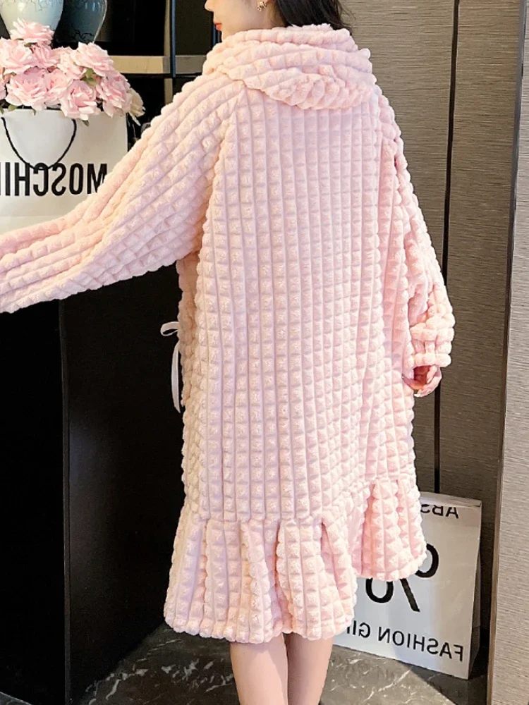 Hooded Coral Fleece Robes Women Warm Cozy Sleepwear Ruffles Tender Sweet Home Ulzzang Girlish All-match Thicken Winter Princess