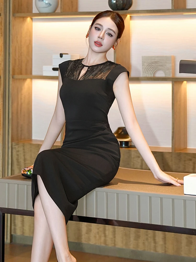 Vestiti delle donne Retro Pizzo Nero Sheer O-Collo Sottile Midi Abito a tubino Elegante Pendolarismo Lady Fashion Vestido Robe Occasione formale Nuovo