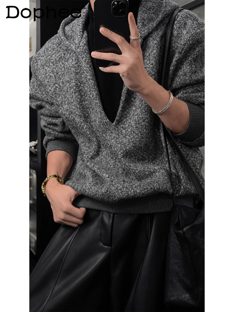 

Men's 2025 Autumn Winter New Fashion Faux Two-Piece Trendy Knitwears American Style Retro Hooded Sweater Loose Chic Knitted Tops