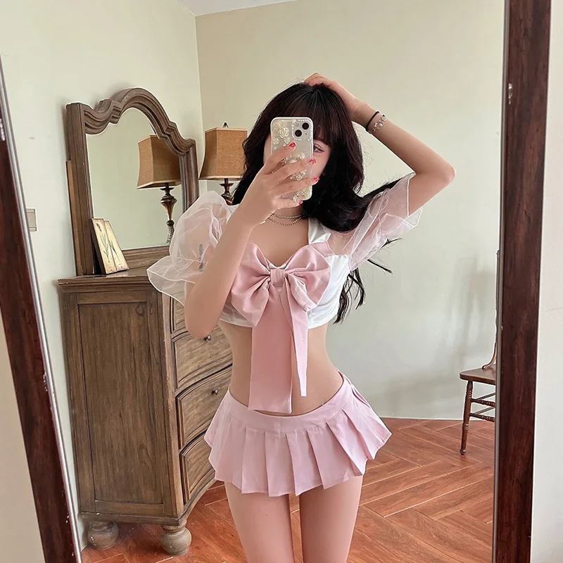 Pink Sexy Kawaii Bow Transparent Top High Waist French Waist Pleated Skirt High-end Skirt Cosplay Anime Student Woman\'s Costumes