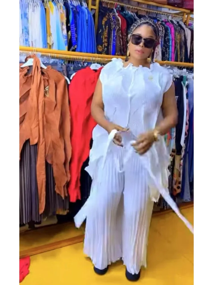 2025 African Miyake Pleated Splicing Set Solid Color One-word Collar Top + Wide-leg Pants Loose Two-piece Set Summer New Women's