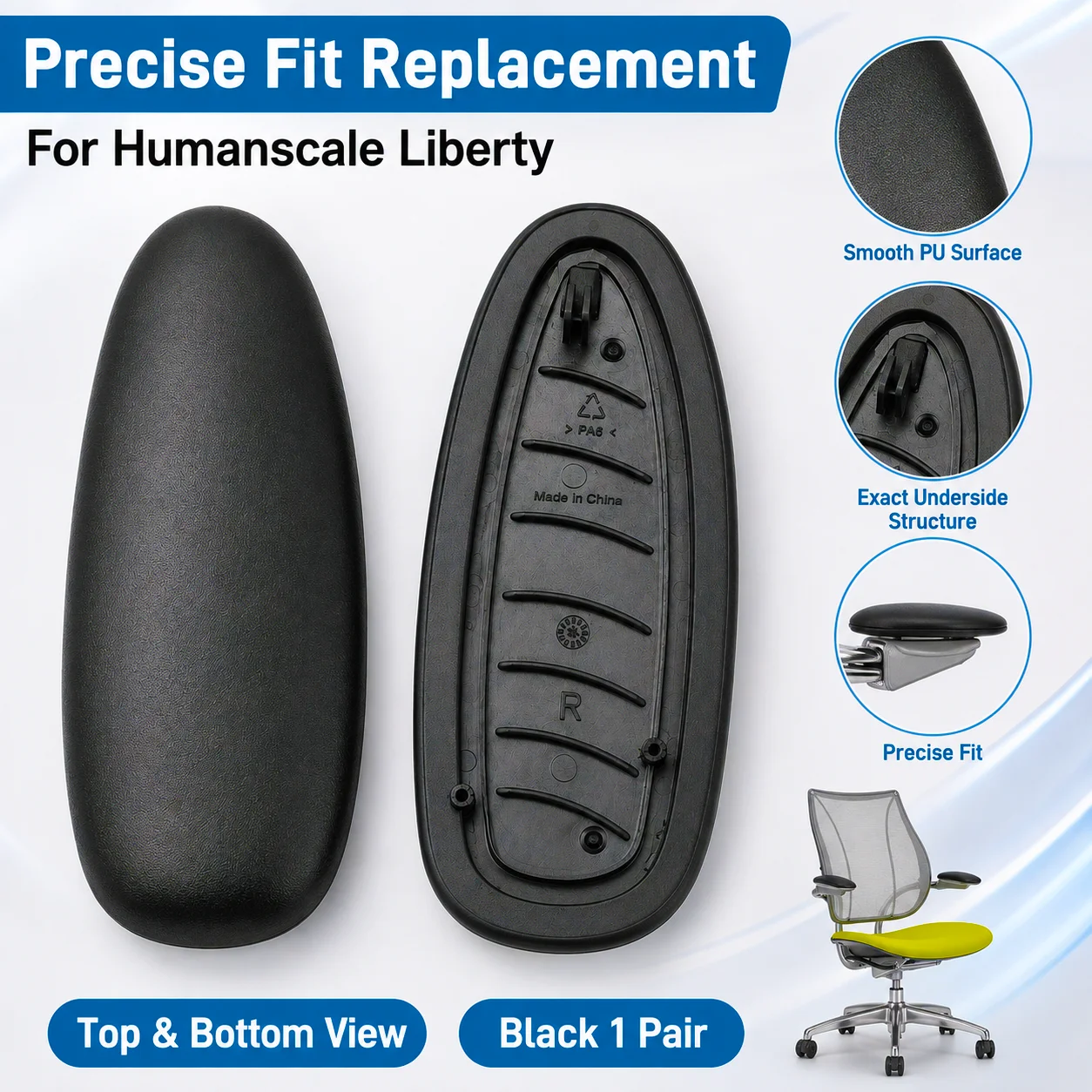 Humanscale Liberty Arm Pad Replacement Black, 1 Pair Adjustable Height & Fixed Armrest Pads for Office Chair Parts