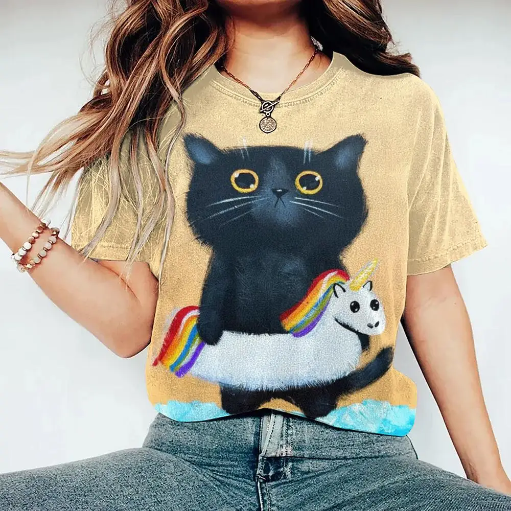 Casual Short Sleeve Tee Fashion Streetwear Cute Girl Female Oversized Clothing Women's T Shirt Cartoon Cat Pattern Print
