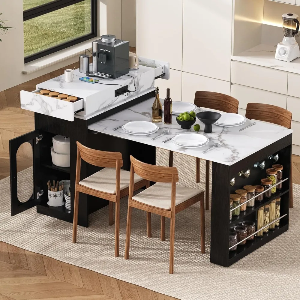 Extendable Dining Table with Folding Tabletop, Bar Table with Drawers and Power Outlet, Kitchen Island with Wheels and Hooks