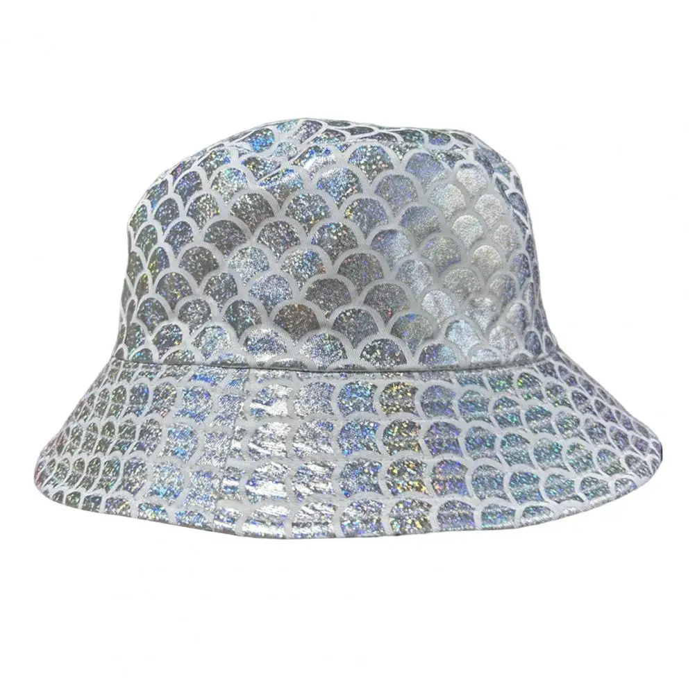 Shiny Fabric Bucket Hat, Rainproof Reflective Party Hat, Colorful Fish Scale Pattern Hat, Sun Protection Fisherman Hat for Festi