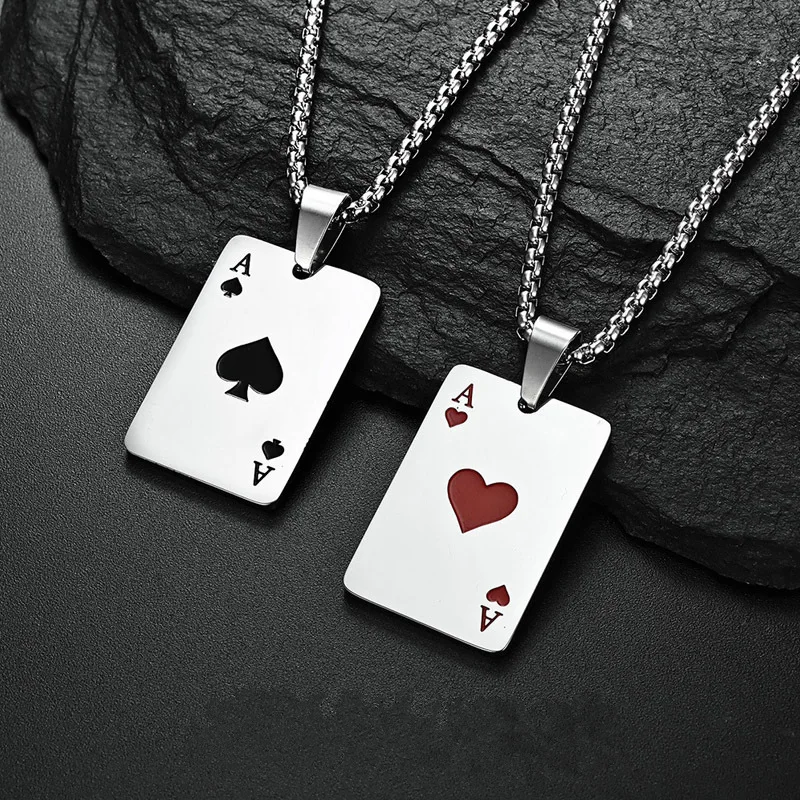 Hip Hop Stainless Steel Poker Card Ace of Spades Necklace For Men Pendant Chain Playing Cards Jewelry Ace of Hearts Necklaces