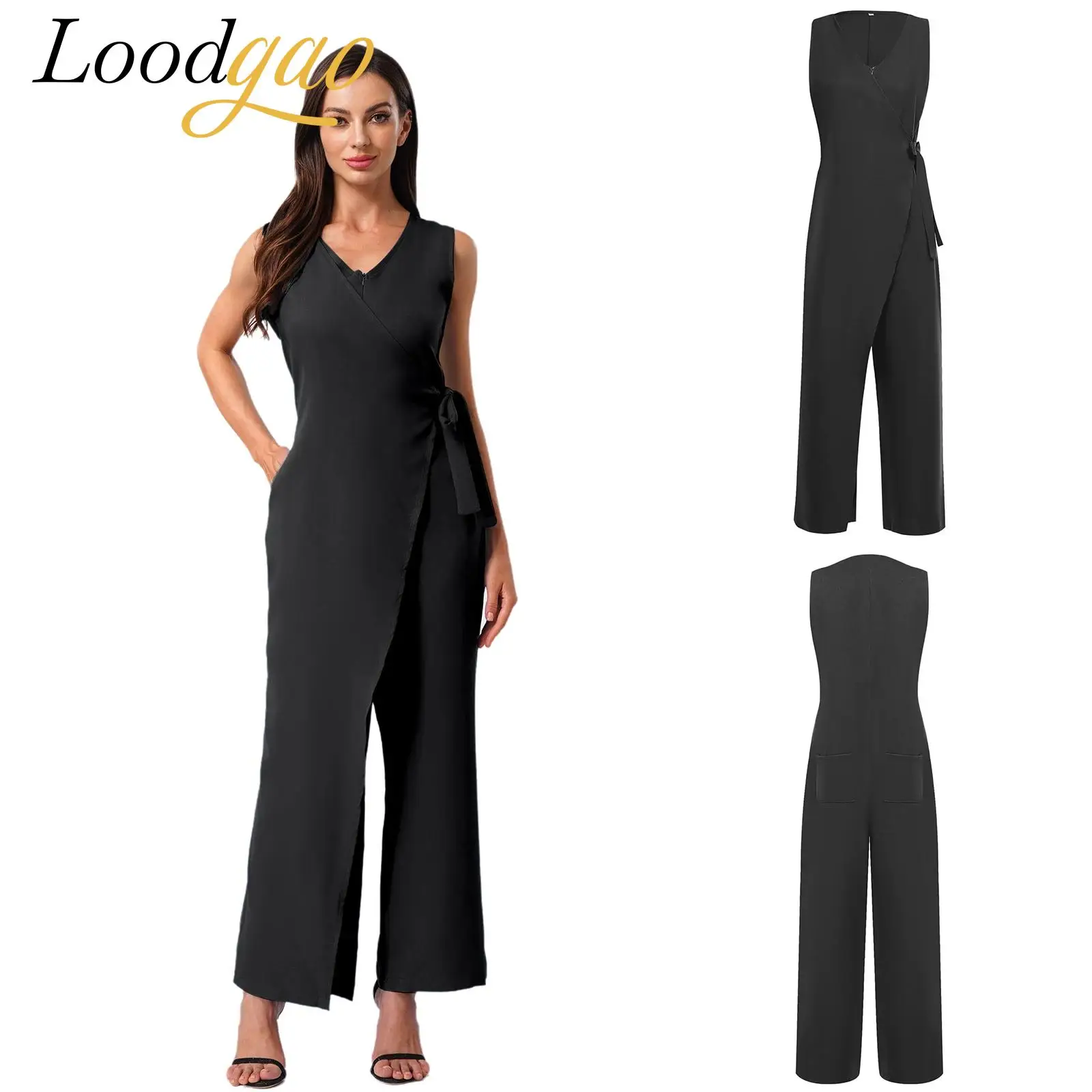 

Women Sleeveless Jumpsuits High Waist Pants Festival Wide Leg Evening Jumpsuit V-neck Outfit Elegant Banquet Pageant Romper