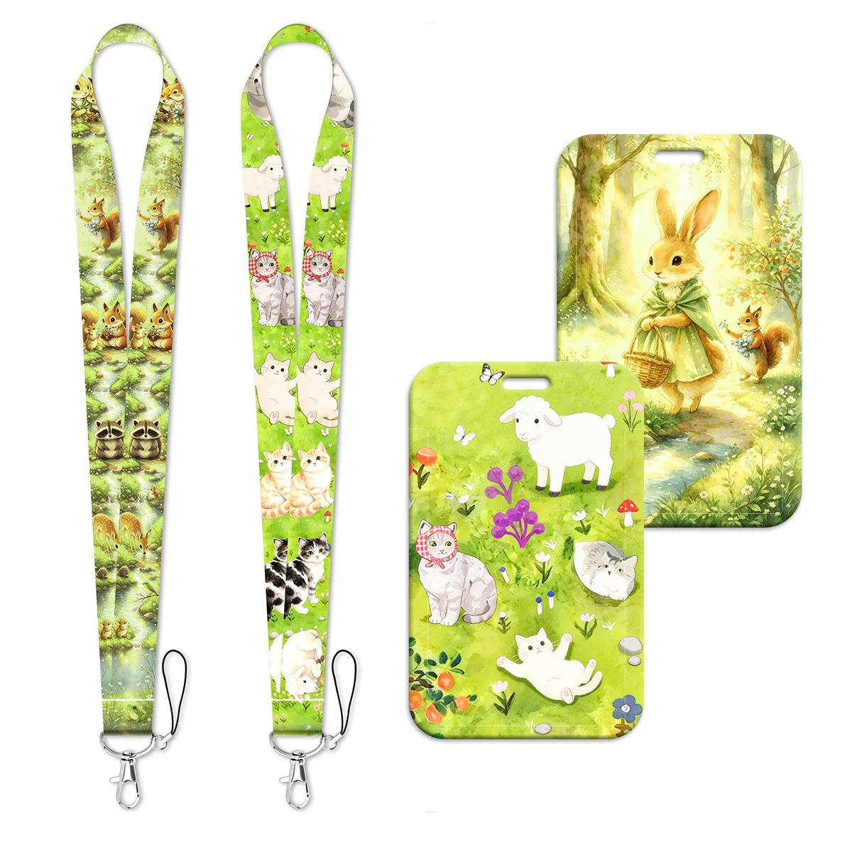 Cartoon Rabbit Cat Squirrel Lanyard Neck Strap Keychain Card Cover Badge Holder Mobile Phone Hang Rope Keyring Accessories Gift