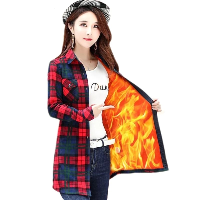 

Women Keep Warm Blouses Fleece Tops Blusa Camisa Femininas Long-sleeve Thick Velvet Plaid Shirt Long Flannel Shirts Tops Mujer