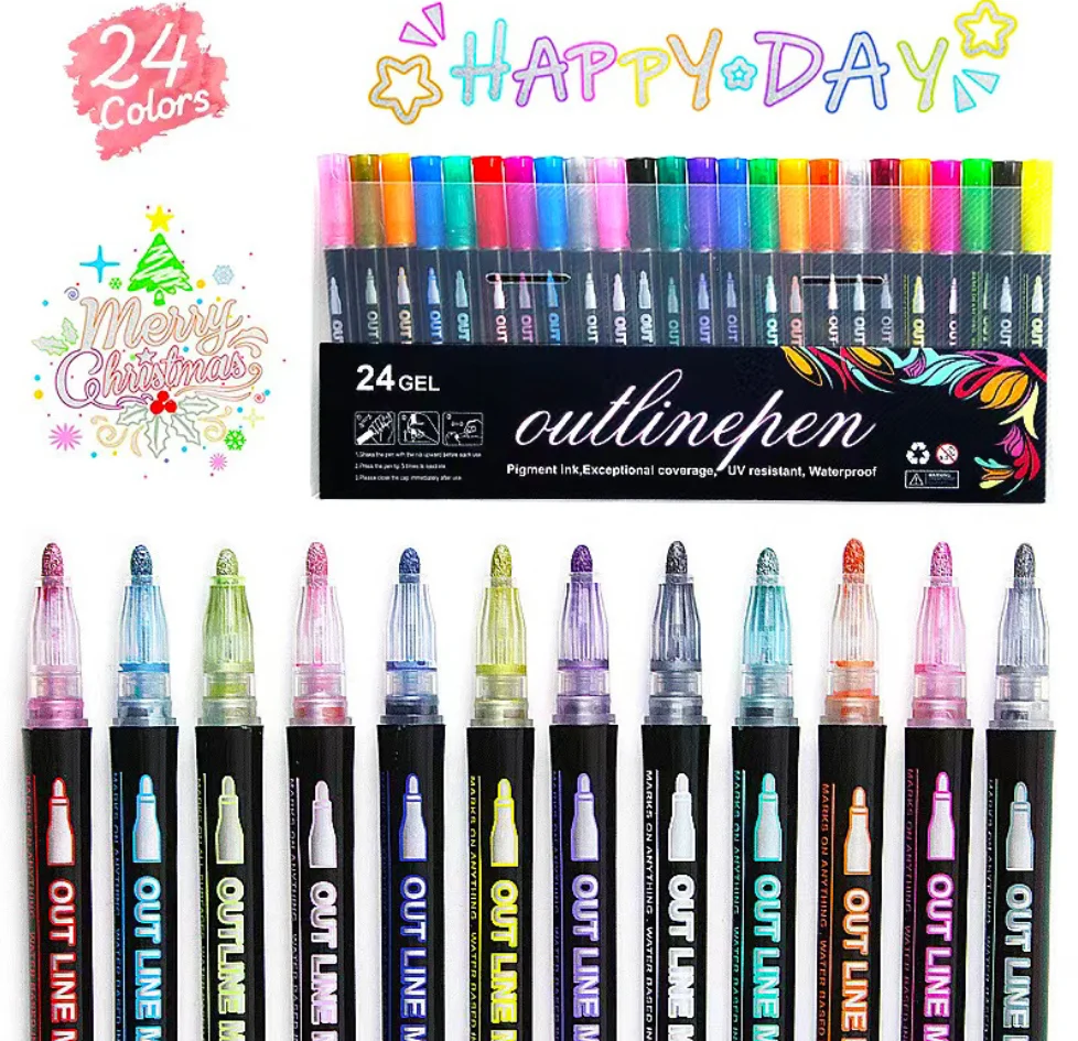 

Double Line Contour Pen for Children Color Dream Metal Hand Account Fluorescent Pen greeting Card Children's Graffiti Color Suit