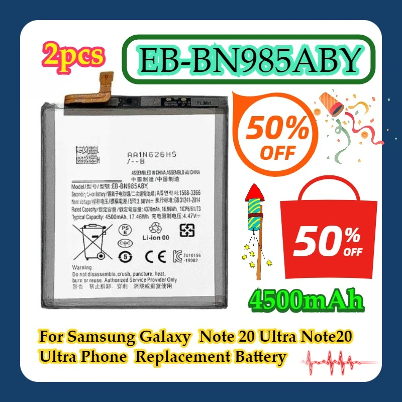 2pcs For Samsung Galaxy Note 20 Ultra Note20 Ultra Phone EB-BN985ABY 4500mAh Replacement Battery