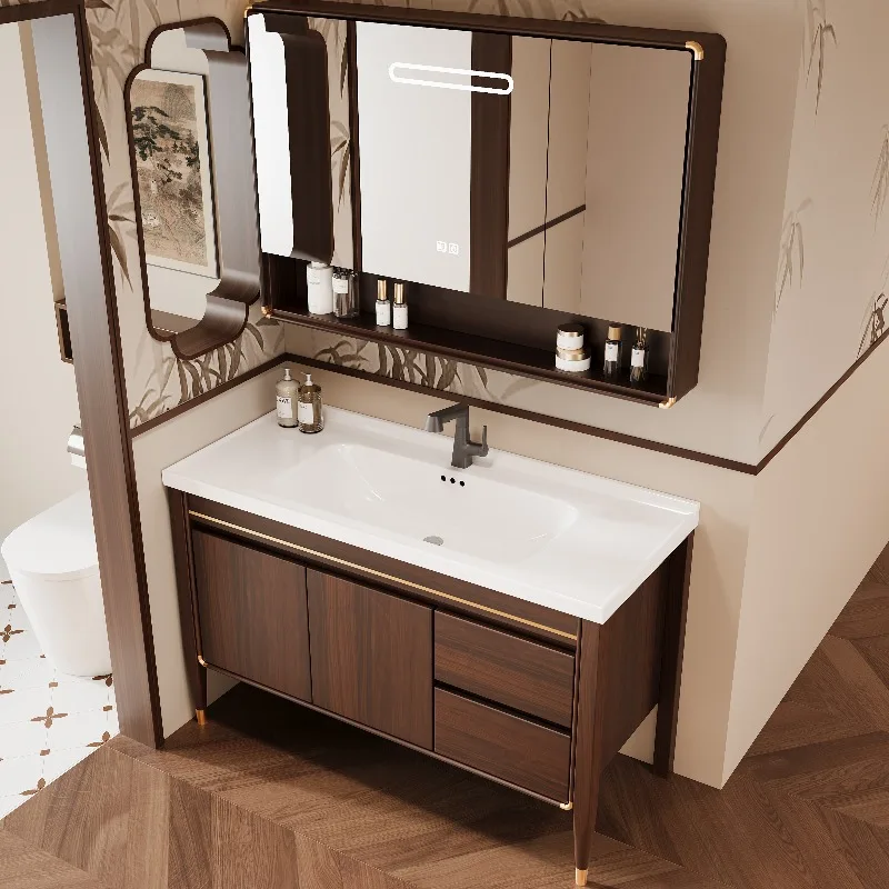 

Floor-standing oak bathroom cabinet Slate ceramic integrated basin Bathroom sink