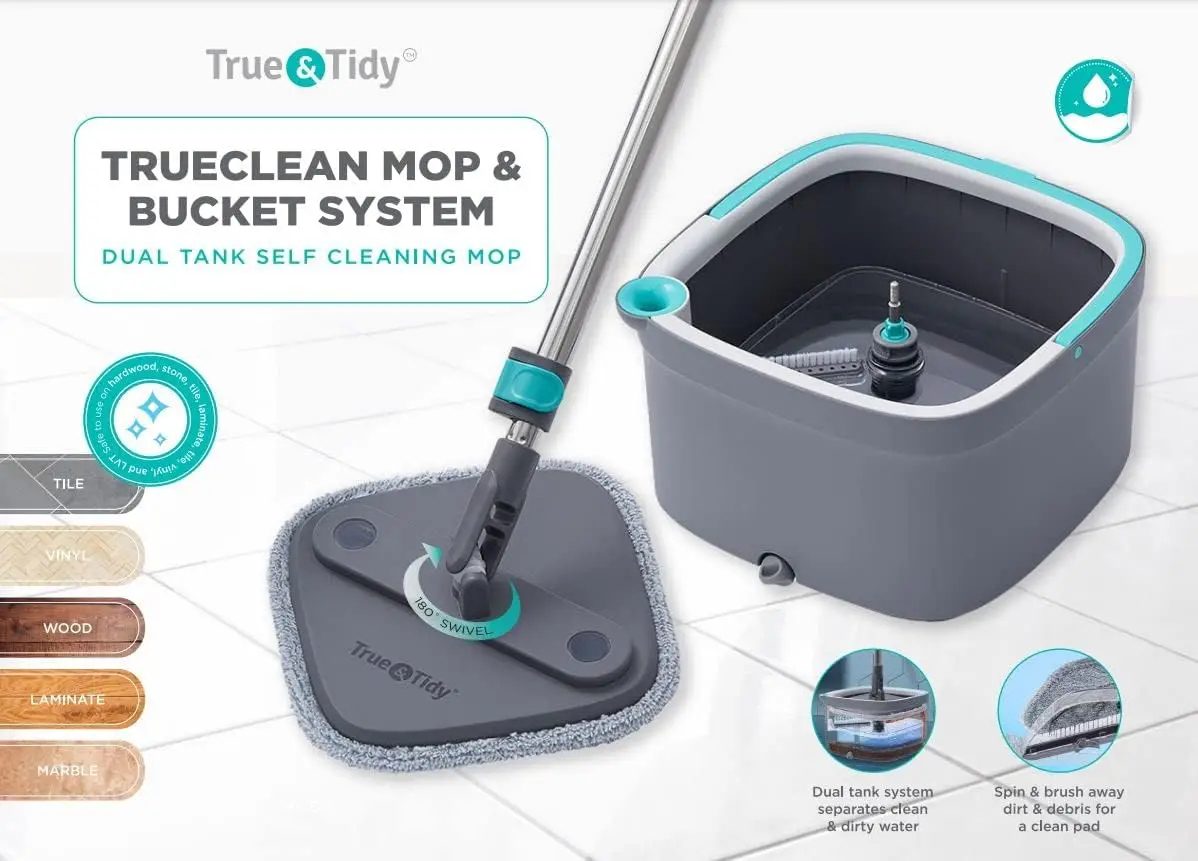 True & Tidy True Clean Mop and Bucket System, Includes Square Spin Mop, Dual Compartment Mop Bucket and 2 Thick Machine