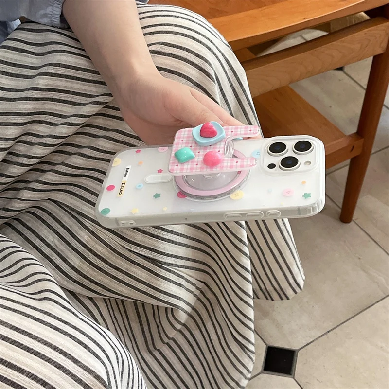 한국 컬러 스타 물방울 무늬 마그네틱 폰 케이스 아이폰 16 Pro 15 14 13 Pro Max 커버 (매그세이프 스탠드 홀더 포함) 귀여운 케이스 16