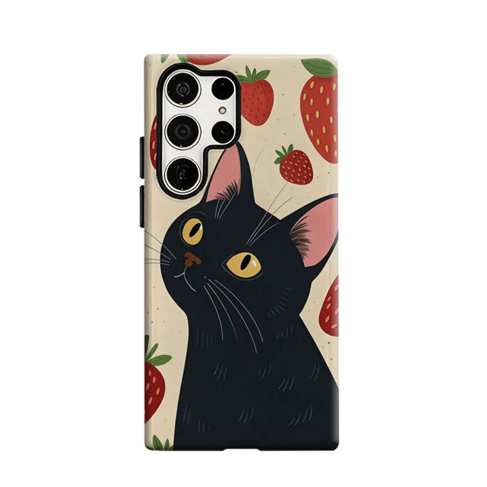 CaseLumi Phone Case For Samsung Galaxy S25 S24 S23 Ultra Plus HD Hard Black Cat with Strawberries Double Layer Cover Film Shell
