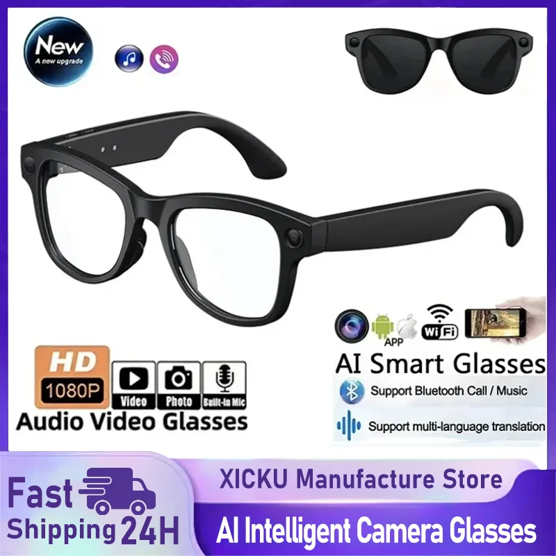 

M02 AI Smart Glasses 8MP Camera Video Recording 100+Languages Translation Sunglasses Bluetooth Call Music Play with Charging Box