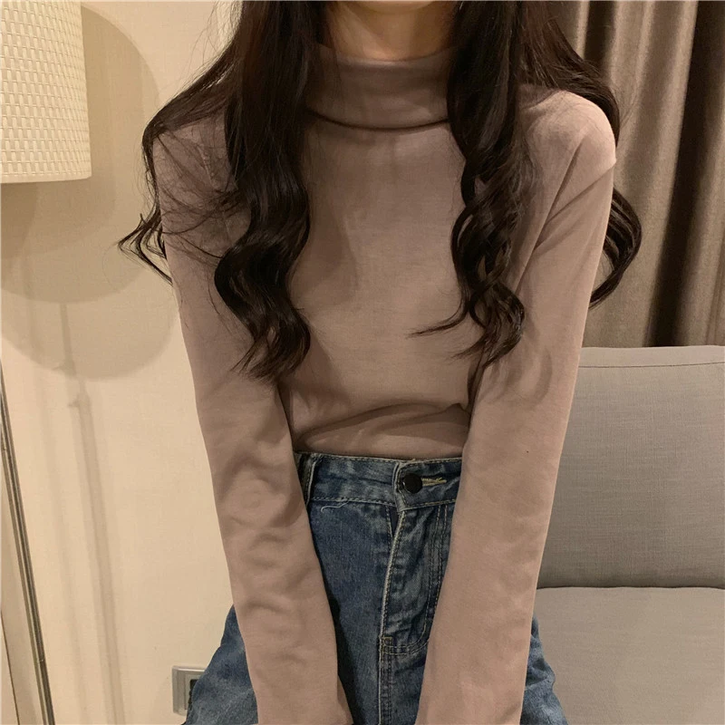 سليم صالح طويل Sve عالية Ne تي شيرت المرأة رقيقة Sle 2023 الخريف الشتاء جديد بسيط لون نقي قاعدة irt فام #4