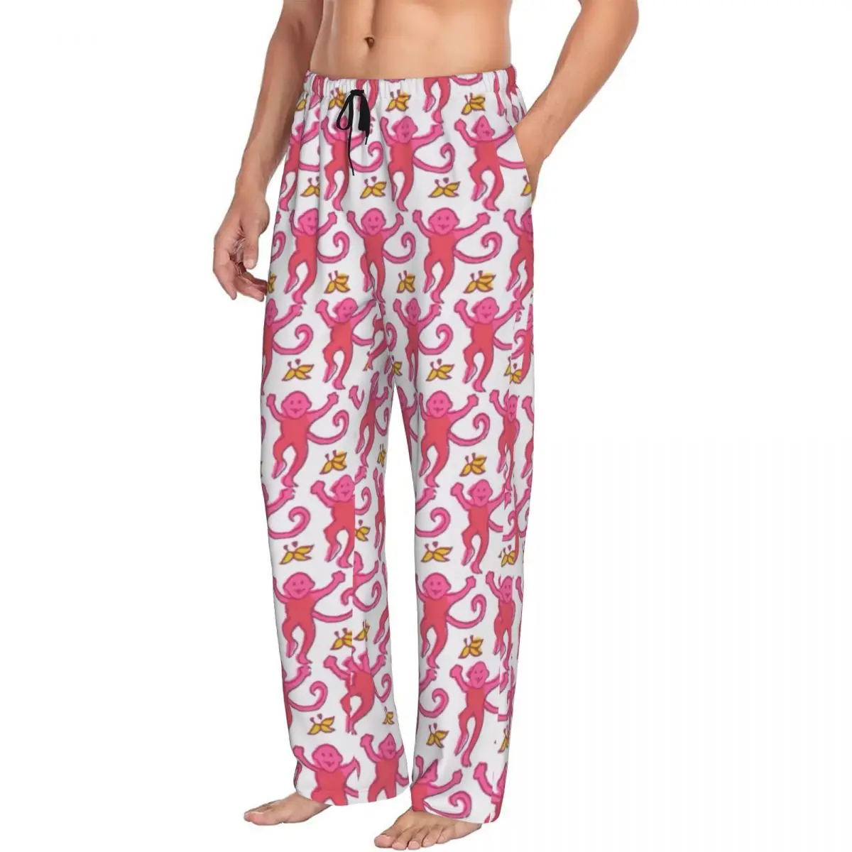 Custom Printed Men's Preppy Roller Monkeys Rabbit Pajama Pants Anime Pink Sleepwear Sleep Lounge Bottoms with Pockets