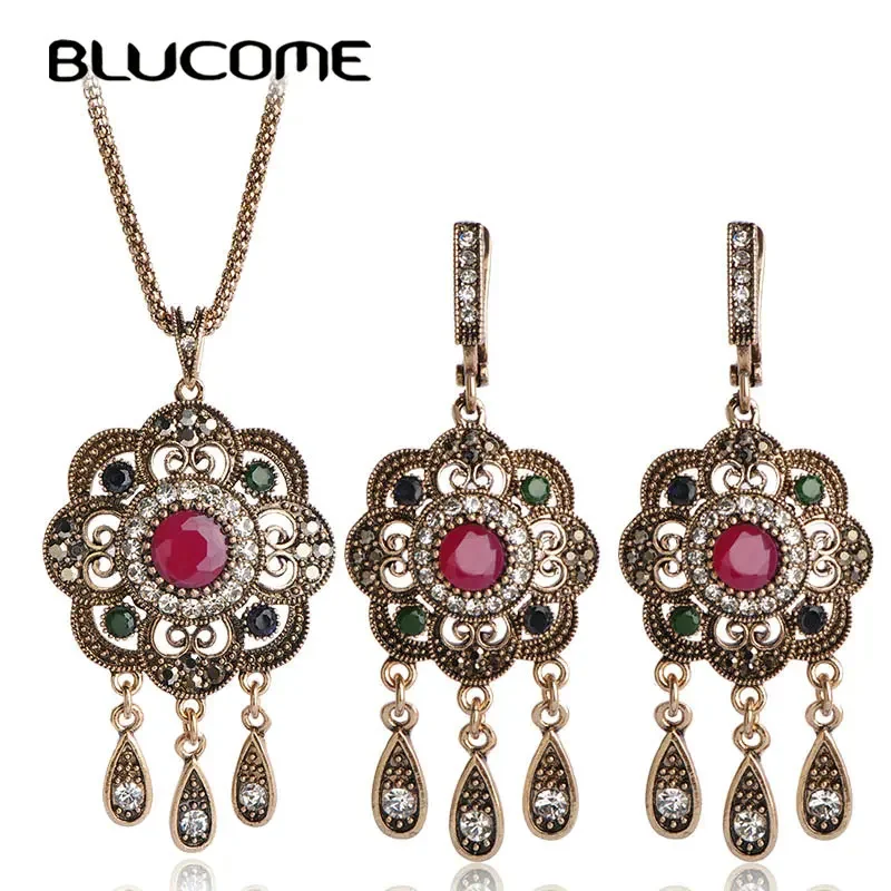 Blucome Vintage Turkish Jewelry Sets Green Flower Pendant Colar Gold-color Princess Hooks Long Pendientes Necklace Earrin