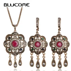 Blucome Vintage Turkish Jewelry Sets Green Flower Pendant Colar Gold-color Princess Hooks Long Pendientes Necklace Earrin