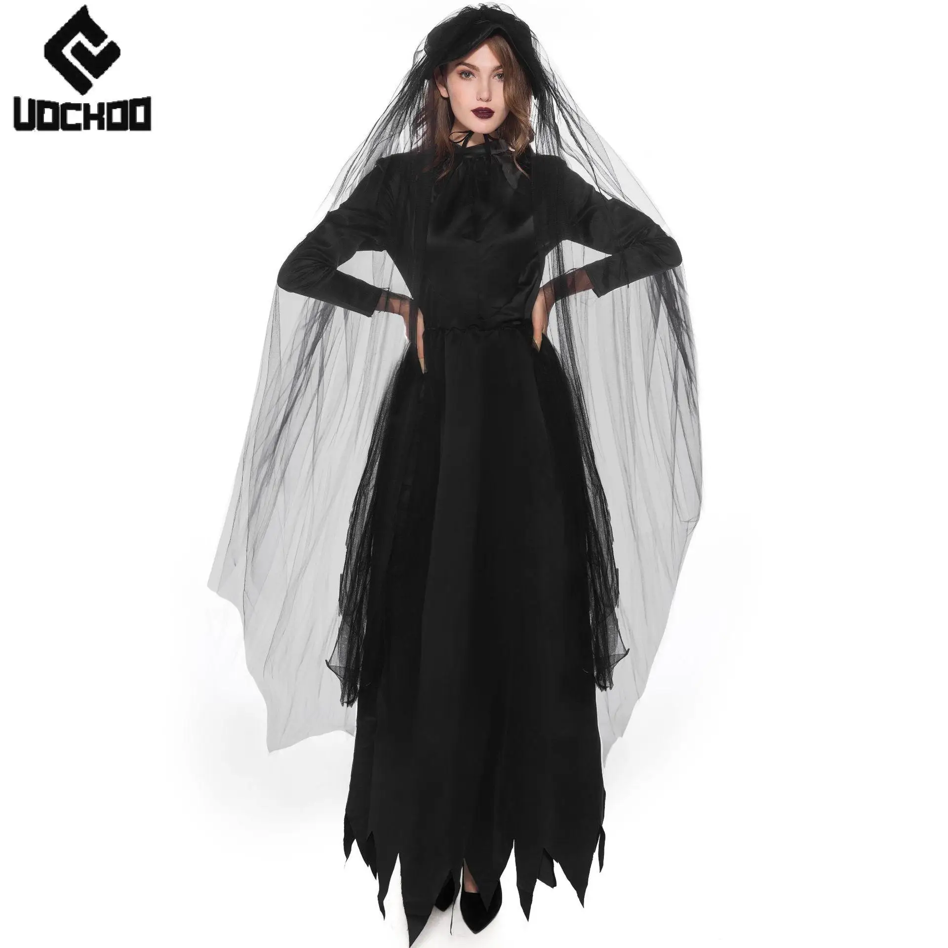 

Black Ghost Bride Dress Witch Veil Halloween Cosplay Costume Women Demon Gown Suit Day of The Dead Robe Carnival Party Outfit