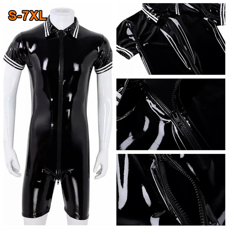 

Men Sexy Shiny PVC Leather Short Sleeved Jumpsuit Tights Leotard Zip Open Crotch Bodysuit Erotic Plus Size Suits Club Clothing