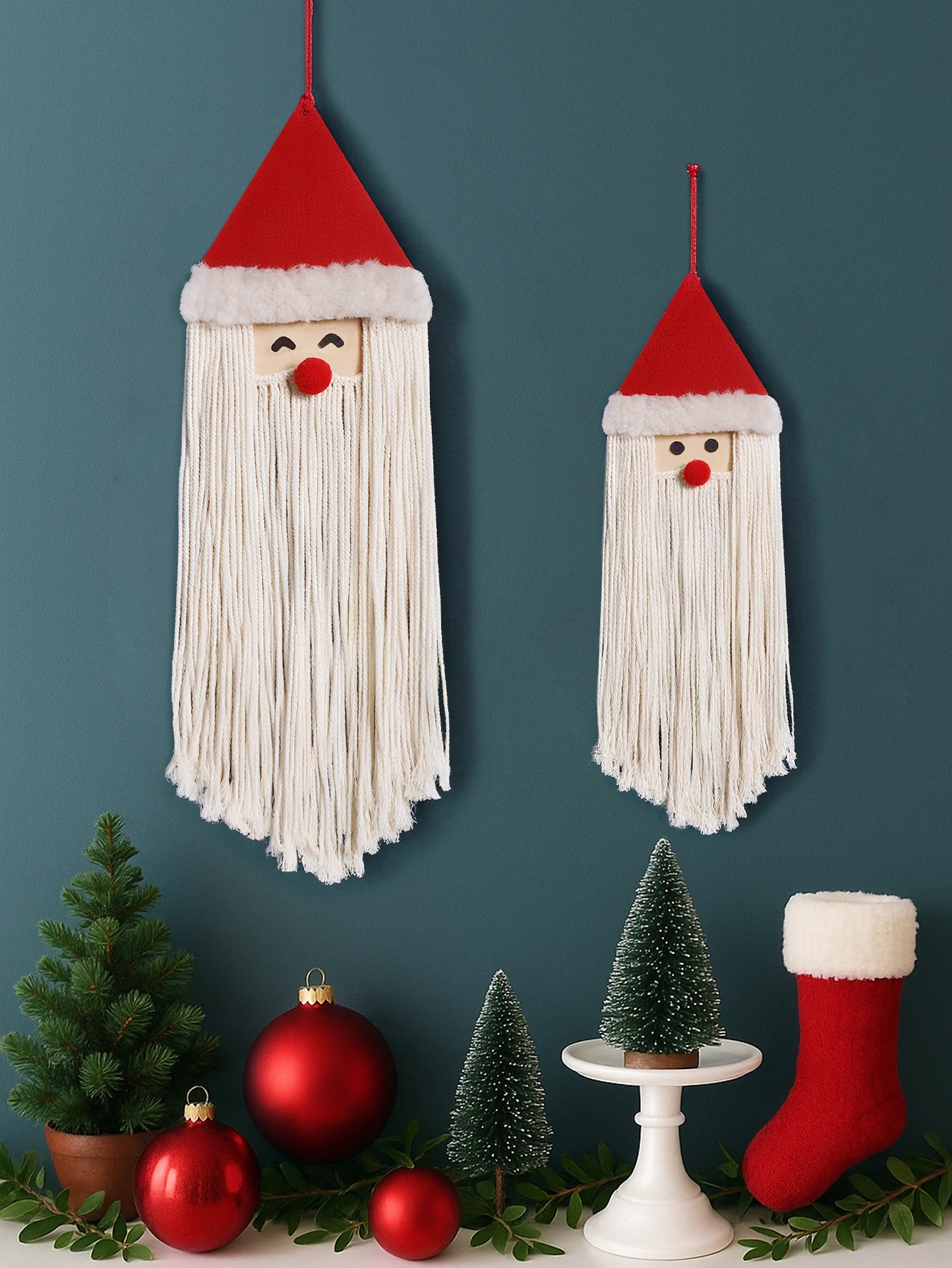 Macrame Santa Claus Wall Hanging Decor Cute Christmas Santa with Tassel Beard&Red Hat Festive Ornament for Home Wall Decor Gifts