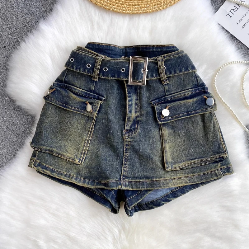 

Fashion Simply Denim Skirt Culotte Solid Color Belt Women Jeans Summer Casual High Waist Pants Pocket Mini Short Skirts Female