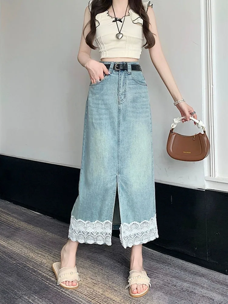 

Summer New Women's Skirt All-Match Lace Patchwork Hight Waist Slim A Line Long Denim Skirt Streetwear